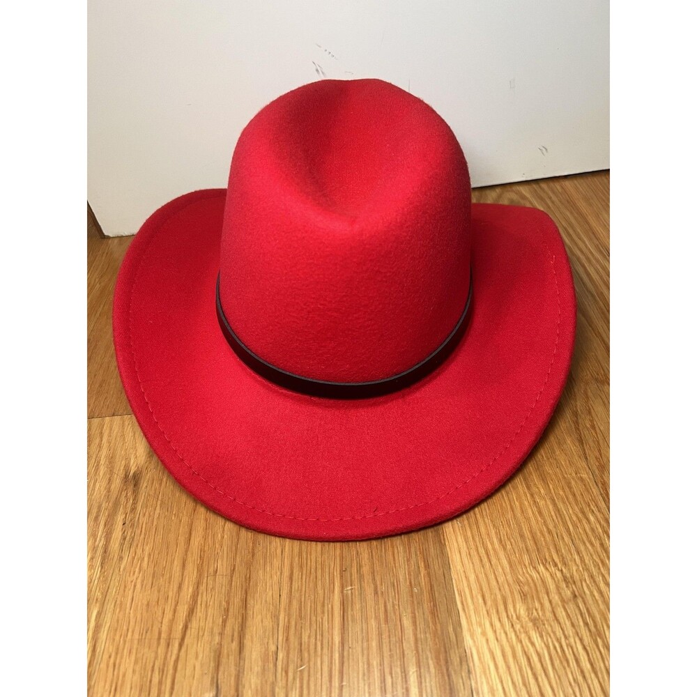 Gold Feather Western Hat Cowboy Fitted Womens 57 Red Felt Wide Brim Band - Picture 2 of 4